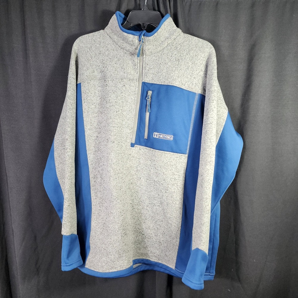 Heybo Mens Quarter‎ Zip Pullover Sweater Fleece Grey Blue Outdoors Large